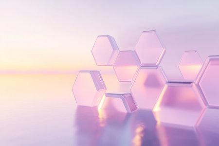 A sleek minimalist 3D background with translucent hexagons floating in a gradient pastel sky. The softly lit hexagonal shapes create a delicate, ethereal pattern on a smooth, reflective surface, evoking a serene and modern digital landscape ideal for contemporary design projects and artistic visuals.の素材