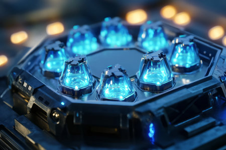 A next-gen energy station with hexagonal plasma reactors generating an unlimited power supply. The glowing energy cores pulse rhythmically, while robotic maintenance drones monitor efficiency. The futuristic environment is a masterpiece of cybernetic engineering.の素材