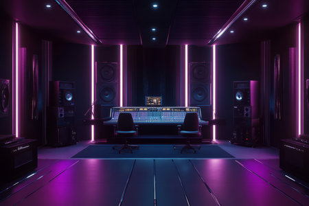 A sleek modern music studio 3D background room with high-end audio equipment, futuristic LED strip lighting, and a massive mixing console in the center. The acoustically treated walls and luxurious ergonomic chairs create the perfect environment for music production.の素材