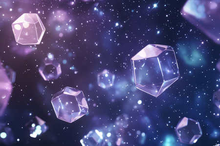 A cosmic 3D background with floating transparent hexagons set against a deep-space backdrop filled with stars and nebulae. The hexagons are illuminated from within, emitting a soft cosmic glow, creating a futuristic and celestial digital environment.の素材