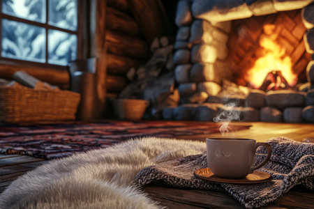 A cozy rustic mountain cabin 3D background with a crackling stone fireplace, wooden beams, and soft fur rugs spread across the floor. A steaming cup of coffee sits on a handcrafted wooden table, completing the warm and inviting atmosphere.の素材