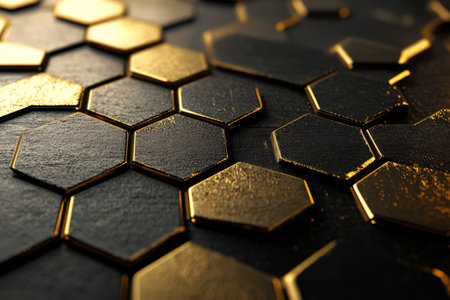 A luxurious 3D background with embossed gold hexagons on a dark matte surface. The metallic sheen of the hexagonal pattern, coupled with soft ambient lighting, creates an opulent, premium feel, reminiscent of high-end fashion, luxury branding, and sophisticated modern design.の素材