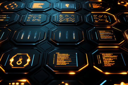 A technological 3D background where hexagons act as screens displaying real-time data streams. The glowing cyan text and numbers on each panel create an advanced, futuristic dashboard, making it suitable for AI, big data, and analytics-based visuals.の素材