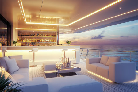 A luxurious yacht lounge 3D background room with sleek white furniture, panoramic ocean views, and an elegant bar stocked with the finest champagne. The modern nautical theme, with warm sunset lighting, enhances the atmosphere of relaxation and wealth.の素材