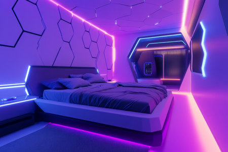 A sleek futuristic bedroom with hexagonal ambient lighting embedded in the walls and ceiling. The AI-controlled environment adapts to the occupantÃ¢â¬â¢s mood, adjusting colors and brightness. The minimalist cyberpunk furniture and glowing smart surfaces enhance the ultra-modern aesthetic.の素材