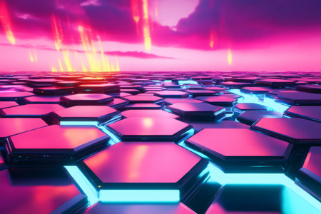 A surreal dreamscape where giant hexagonal tiles float weightlessly in mid-air, reflecting a mesmerizing neon aurora. The sci-fi-inspired environment feels like an advanced virtual reality simulation, blending abstract geometric beauty with a futuristic digital aesthetic.の素材