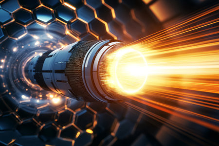 A high-speed data tunnel constructed from rotating hexagonal frames. The light trails, digital motion blur, and cybernetic tunnel perspective create a sense of rapid movement, symbolizing futuristic internet networks, hyperspace travel, and information flow.の素材