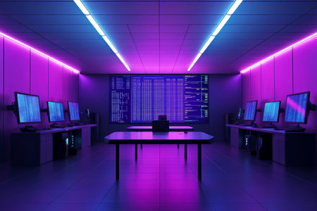 A neon-lit futuristic police station 3D background room with sleek metallic interrogation tables, glowing fingerprint scanners, floating holographic case files, robotic guards patrolling the perimeter, and a massive city surveillance monitor tracking criminal activity in real time.の素材