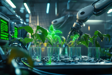 A futuristic greenhouse research lab 3D background room with bioluminescent alien plants growing inside transparent hydroponic chambers, robotic arms tending to exotic flora, and glowing green data screens tracking genetic modifications.の素材