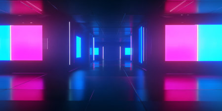 A cyberpunk-inspired 3D background featuring neon-lit streets, holographic billboards, and dark urban architecture. The scene is bathed in blue, magenta, and cyan hues, giving a high-tech, dystopian city vibe. Glowing reflections add realism and depth.の素材