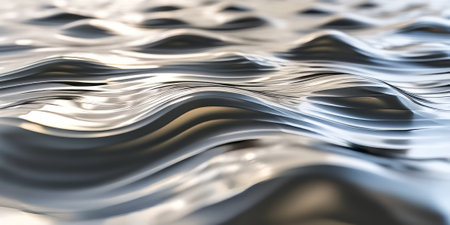 A liquid metal 3D background featuring slow-moving, reflective silver and gold waves. The rippling surface interacts with light in a way that creates hypnotic, ever-changing reflections, perfect for modern luxury-themed visuals.の素材