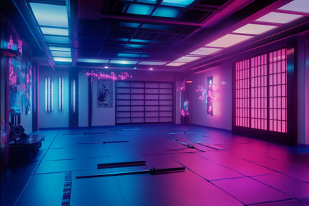 A neon-lit cyber dojo 3D background room with glowing katanas mounted on the walls, holographic martial artists training in slow motion, minimalist Japanese-inspired interior design, and a futuristic AI sensei providing real-time combat analysis.の素材