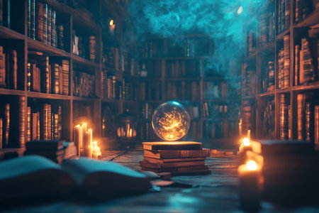A hidden wizardÃ¢â¬â¢s library 3D background room with towering bookshelves, levitating candles, and an enchanted orb glowing softly in the dim candlelight. The air is filled with magical energy, giving the space a mystical and mysterious atmosphere.の素材