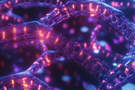 A biotech-inspired 3D background where transparent hexagonal cells contain glowing strands of DNA. The digital medical interface displays futuristic genetic data, merging advanced technology with medical research and artificial life concepts.の素材