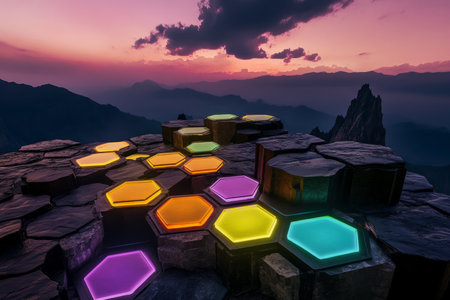 A surreal 3D background where floating hexagonal platforms act as portals to alternate dimensions, each revealing different sci-fi landscapes. The vibrant contrast between glowing colors and dark voids creates a mysterious and futuristic visual experience.の素材