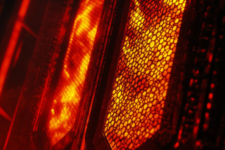 A high-energy 3D background where hexagonal grids pulse with vibrant red and orange hues, resembling molten lava trapped within metallic frames. The glowing intensity and rugged texture give a cyberpunk-industrial aesthetic, perfect for gaming, sci-fi, and digital artwork.の素材