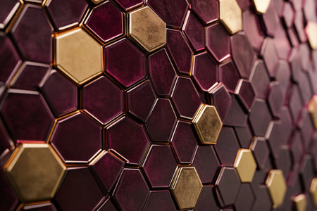 A luxurious 3D background with hexagonal panels finished in brushed gold and deep maroon, arranged in an intricate mosaic on a dark, reflective surface. The subtle ambient lighting accentuates the rich textures and opulent details, creating an atmosphere of elegance and sophistication.の素材