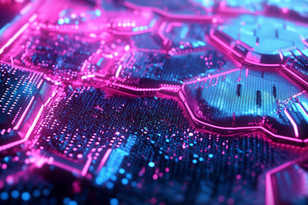 A neon cyberpunk 3D background with hexagons outlined in electric pink and blue. The glowing pattern pulsates with digital energy, giving the impression of a futuristic virtual reality interface.の素材