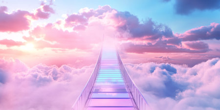 A dreamlike 3D background of a floating glass bridge extending endlessly into the sky, surrounded by soft pink and blue clouds. The ethereal lighting enhances the surreal and peaceful atmosphere.の素材