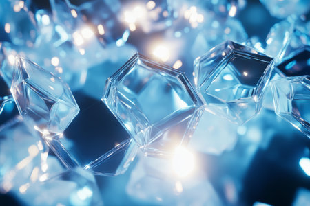 A glass-textured 3D background featuring semi-transparent hexagonal panels floating in a deep blue atmosphere. Light refracts through the edges of each hexagon, casting soft glows and reflections, enhancing the futuristic and sleek design aesthetic.の素材