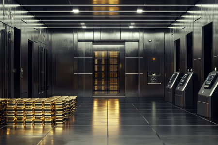 A sleek, high-security vault 3D background room with massive steel doors, biometric scanners, and stacks of gold bars neatly arranged under dim, sterile lighting. The metallic surfaces and ultra-secure design give off an intense, powerful atmosphere.の素材
