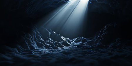 A dramatic 3D background with an intense light beam cutting through complete darkness, illuminating abstract structures made of matte black material. The interplay of light and shadow creates a powerful visual effect.の素材