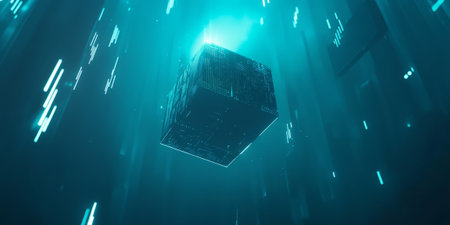 A futuristic 3D background featuring a levitating digital cube surrounded by floating data streams and glowing binary code. The deep blue and cyan tones create a sleek, technology-inspired visual aesthetic.の素材
