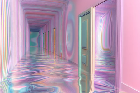 A surreal dreamlike corridor 3D background room where walls ripple like liquid, doors float in mid-air, and gravity constantly shifts. The glowing pastel hues and shifting geometric patterns create an abstract, otherworldly space.の素材