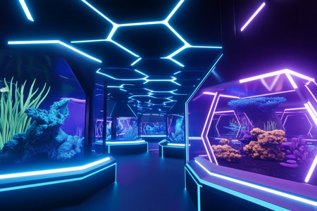 A high-tech virtual zoo where rare digital creatures roam inside glowing hexagonal enclosures. The AI-driven ecosystem adapts dynamically, ensuring the perfect conditions for the holographic wildlife to thrive. The neon lights create an immersive sci-fi experience.の素材