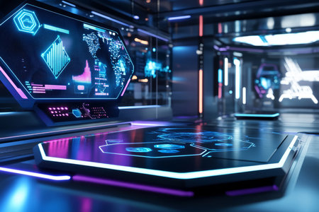A sleek AI-driven workspace with floating hexagonal digital dashboards displaying futuristic analytics. The glowing holograms, touchless interactive panels, and ultra-modern ergonomic design create an advanced productivity environment.の素材