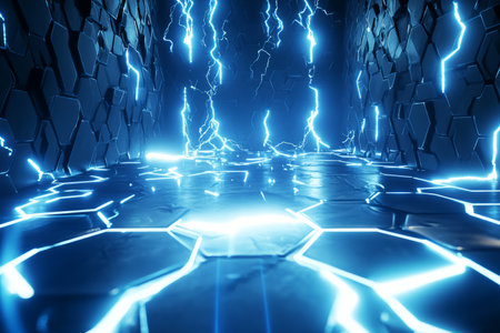 A high-energy plasma field in 3D where hexagonal cells crackle with electrical discharges. The bright neon blue and white arcs of energy travel through the interconnected grid, creating a visually striking futuristic background with intense cyberpunk aesthetics.の素材