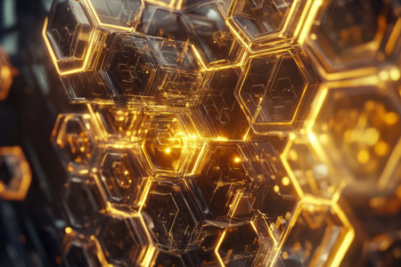 A cybernetic beehive structure in 3D, where hexagonal cells pulse with bright golden energy. The glowing honeycomb-like formations resemble an advanced AI network, symbolizing connectivity, data flow, and digital evolution in a futuristic world.の素材