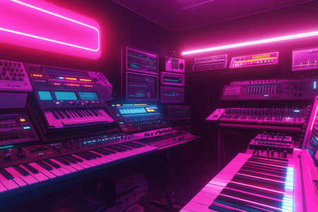 A neon-drenched synthwave music studio 3D background room with retro-futuristic design, glowing keyboards, analog synthesizers, and vibrant pink and purple lighting reflecting off metallic surfaces. The nostalgic 80s aesthetic fills the air with creative energy.の素材