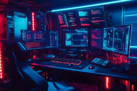 A futuristic neon-lit hackerÃ¢â¬â¢s hideout 3D background room filled with multiple glowing screens, tangled wires, and a high-tech workstation displaying encrypted data. The dark environment is illuminated by pulsating neon blue and red lights, creating a cyberpunk aesthetic.の素材