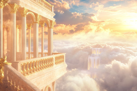A majestic sky palace 3D background room floating above the clouds, adorned with marble pillars, golden railings, and cascading waterfalls that disappear into the mist below. The celestial light baths everything in a warm, divine glow, enhancing the ethereal beauty of the scene.の素材
