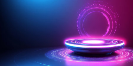 A futuristic 3D background showcasing a glowing energy portal with intricate rotating rings of pulsating neon light. The sci-fi elements add an air of mystery and technological advancement.の素材