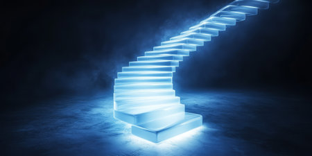 A surreal 3D background depicting a never-ending staircase made of luminous glass, floating in a dark void. The light refractions and reflections create an ethereal, dreamlike quality.の素材