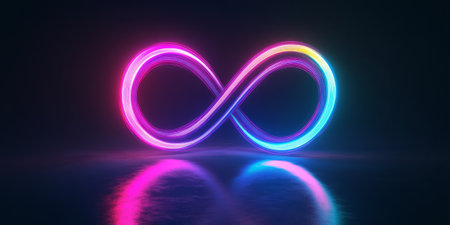 A futuristic 3D background depicting an infinity loop of glowing rings suspended in a dark void. The rings emit alternating neon colors, creating a mesmerizing visual with an illusion of endless depth and motion.の素材