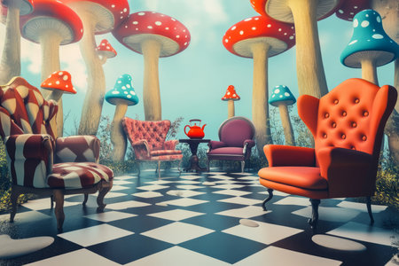 A whimsical Alice in Wonderland-inspired 3D background room with oversized furniture, floating teapots, and surreal checkerboard floors. Brightly colored mushrooms grow from the corners, adding a dreamlike quality to the scene.の素材