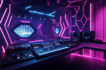 A futuristic music studio featuring hexagonal soundproof panels and floating holographic DJ decks. The neon-lit interface, digital equalizers, and immersive visual sound waves create a high-tech audio production environment.の素材