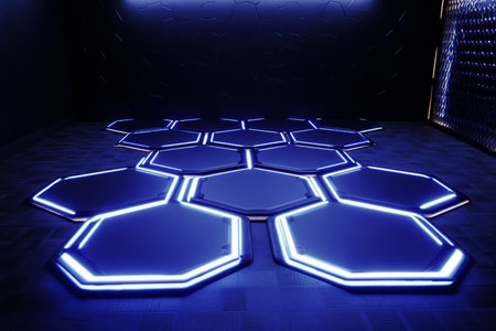 A sci-fi dojo training arena with hexagonal combat tiles embedded into the futuristic flooring. The sleek, illuminated energy barriers and digital AI-controlled opponents create a high-tech martial arts simulation environment.の素材