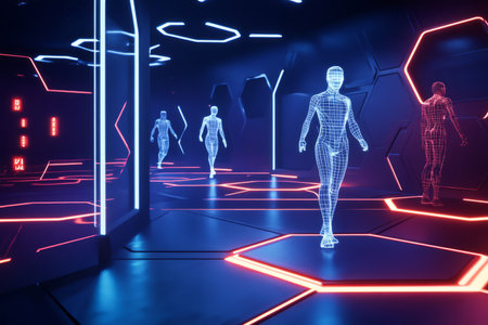 A high-tech virtual reality simulation chamber 3D background room with a sleek minimalistic design, glowing hexagonal floor panels, holographic avatars appearing in midair, and interactive touch interfaces controlling immersive environments.の素材