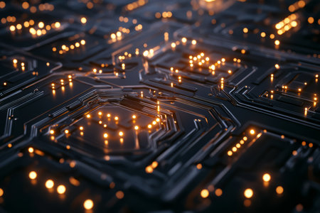 A cybernetic 3D background featuring a grid of illuminated hexagons arranged on a sleek black surface. The hexagons are connected by thin, glowing circuits that pulse with rapid digital energy, creating an immersive and futuristic tech environment.の素材
