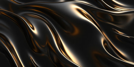 A luxury-inspired 3D background with elegant golden waves gently curving across a deep black surface. The smooth metallic reflections add a high-end, premium aesthetic to the composition.の素材