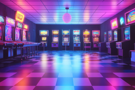 A retro 80s arcade 3D background room with rows of glowing vintage game cabinets, neon signs flickering above, a classic pinball machine buzzing with excitement, a snack bar serving soda and popcorn, and a disco ball reflecting colorful lights onto the black-and-white tiled floor.の素材