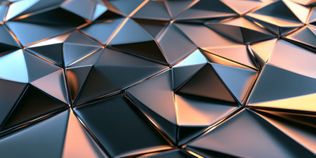 A geometric 3D background with a repeating pattern of metallic triangles, each reflecting different hues of ambient light. The precise symmetry and high-tech aesthetics make it a modern and stylish design.の素材