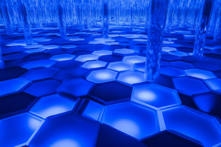 A surreal cyber-realm constructed entirely from floating hexagonal platforms. The vast digital world pulses with electric blue neon light, shifting and reconfiguring itself dynamically, forming an endless, ever-evolving futuristic dreamscape.の素材
