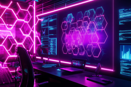 A cyberpunk tattoo studio where neon-lit hexagonal holograms display futuristic tattoo designs. The immersive high-tech interface allows clients to preview their AI-generated digital body art before application.の素材