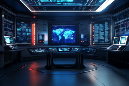 A high-tech VR simulation chamber 3D background room with massive interactive digital screens, floating touch-sensitive holograms, and a sleek immersive control station. The futuristic cyber environment is perfect for digital exploration.の素材