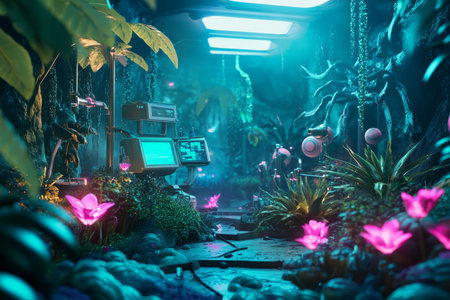 A mysterious alien jungle expedition base 3D background room surrounded by glowing extraterrestrial flora, high-tech research equipment scanning the surroundings, and a soft bioluminescent glow illuminating the entire alien ecosystem.の素材
